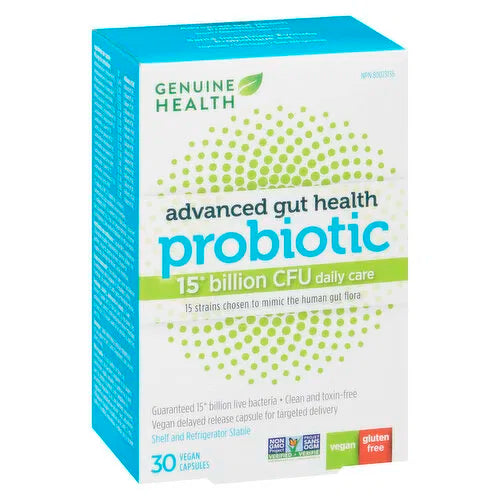 GENUINE HEALTH - Advanced Gut Health Probiotics - 15 Billion CFU Capsules, 30 Each