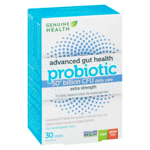 GENUINE HEALTH - Advanced Gut Health Probiotics - 50 Billion CFU Capsules, Extra Strength, 30 Each