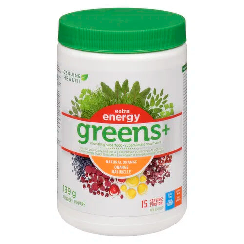 GENUINE HEALTH - Extra Energy Greens+ Superfood Powder, Natural Orange, 199 Gram