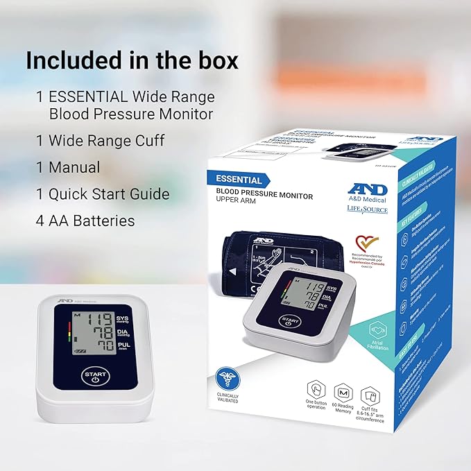 A&D Medical LifeSource Blood Pressure Machine with Wide Range Upper Arm Cuff (22-42 cm / 8.6-16.5 in) Home BP Monitor, One Click Operation