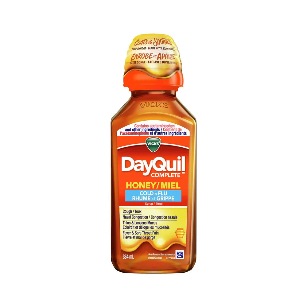 Vicks DayQuil COMPLETE Cold and Flu Medicine,Honey Flavour, Daytime, Non-Drowsy, 354 ml