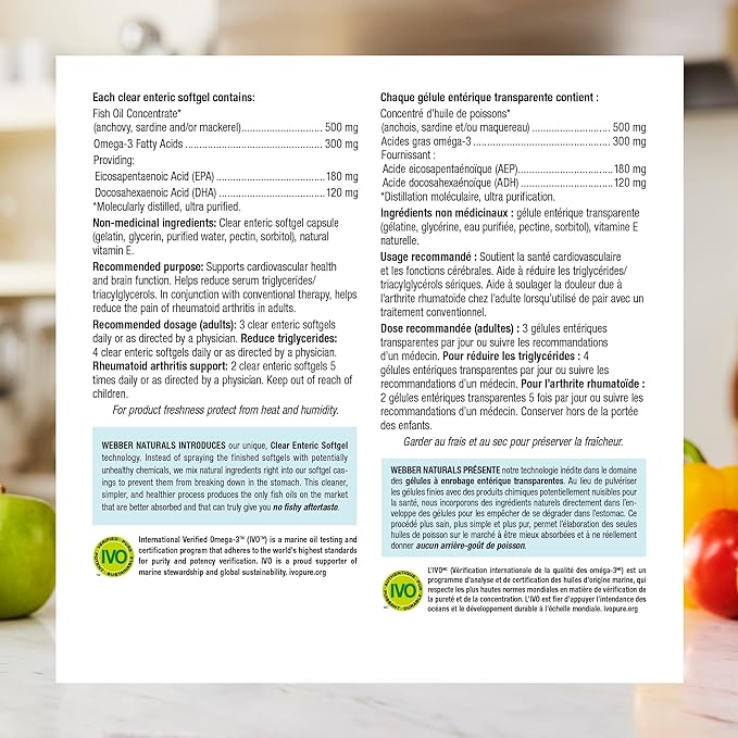 Webber Naturals Omega-3 300 mg Mini, 180 Clear Enteric No Fishy Aftertaste Mini Softgels, Supports Cardiovascular Health and Brain Function