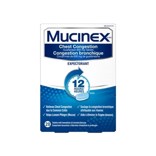 Mucinex Chest Congestion Guaifenesin 600 mg Tablets Expectorant, 20 Count