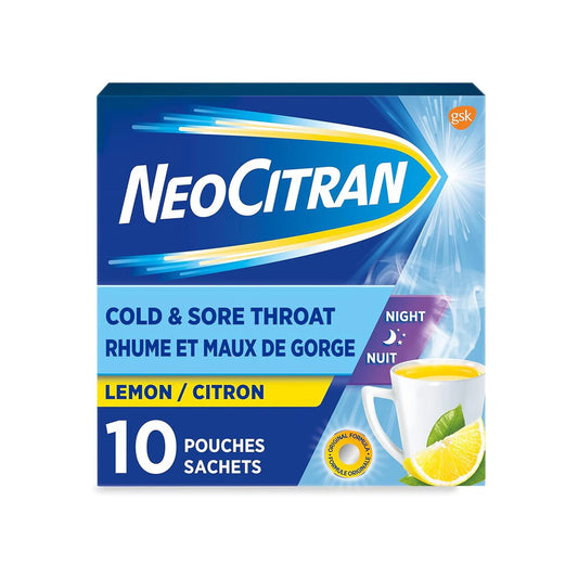 NeoCitran Cold & Sore Throat for Nighttime Relief, Lemon, 10 Count