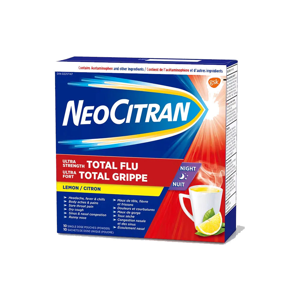 NeoCitran Ultra Strength Total Flu Night Lemon Flavour 10 Single Dose Pouches