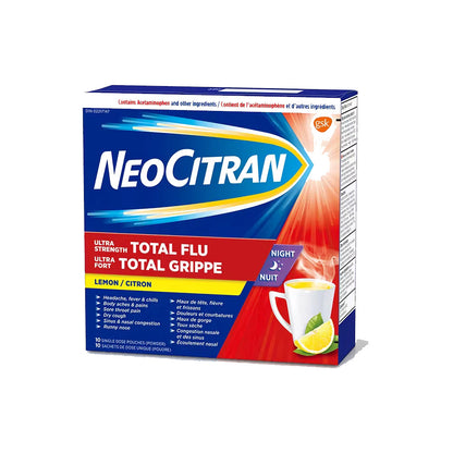 NeoCitran Ultra Strength Total Flu Night Lemon Flavour 10 Single Dose Pouches